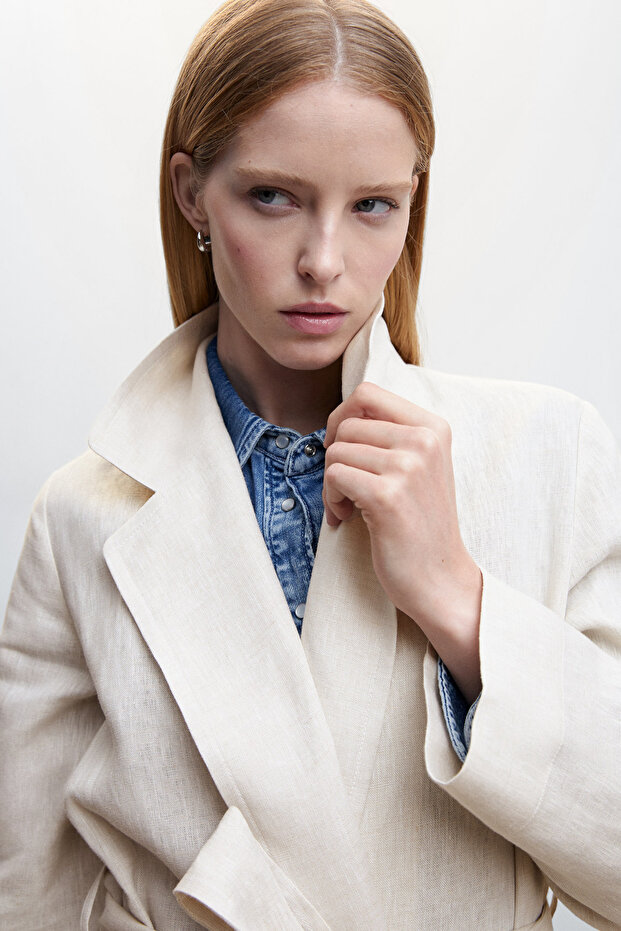 100% linen trench coat lapels - 6