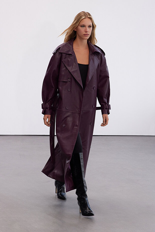 Bordo Kemerli Suni Deri Oversize Uzun Trençkot TWOAW25TR00003 - 4
