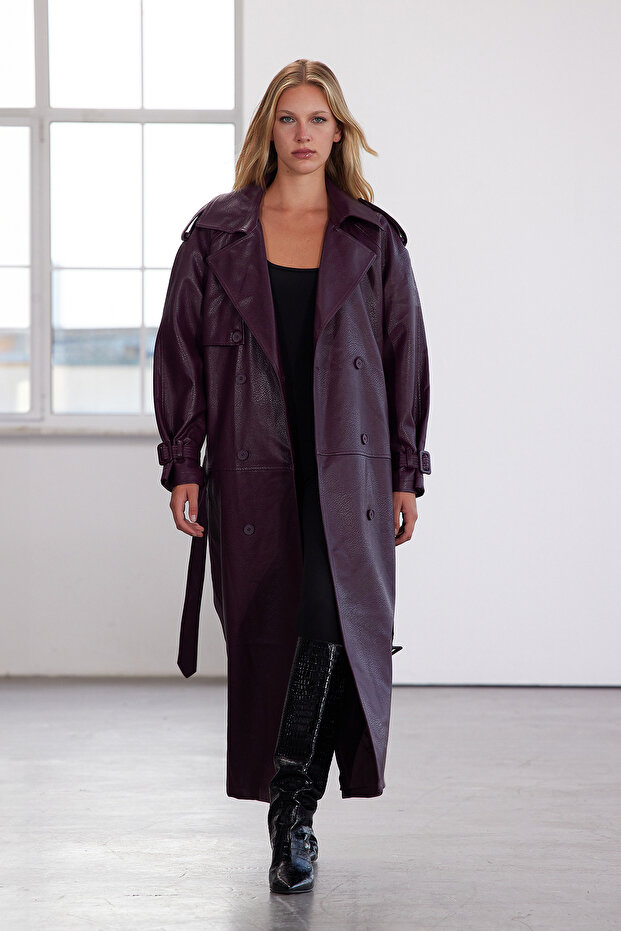 Bordo Kemerli Suni Deri Oversize Uzun Trençkot TWOAW25TR00003 - 1