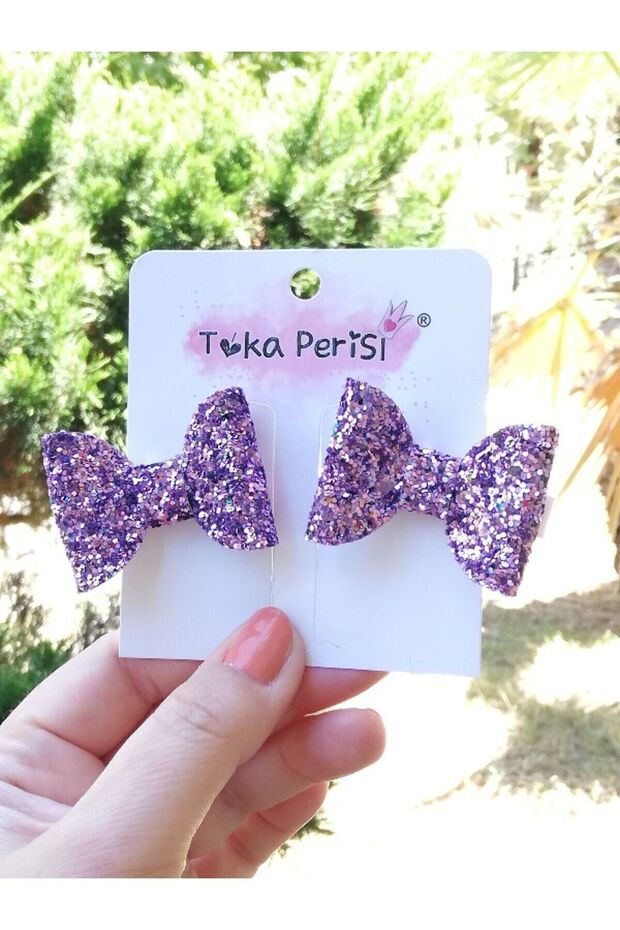 Luna Purple Glitter Bow Metal 5cm Clip-On 2-Piece Buckle
