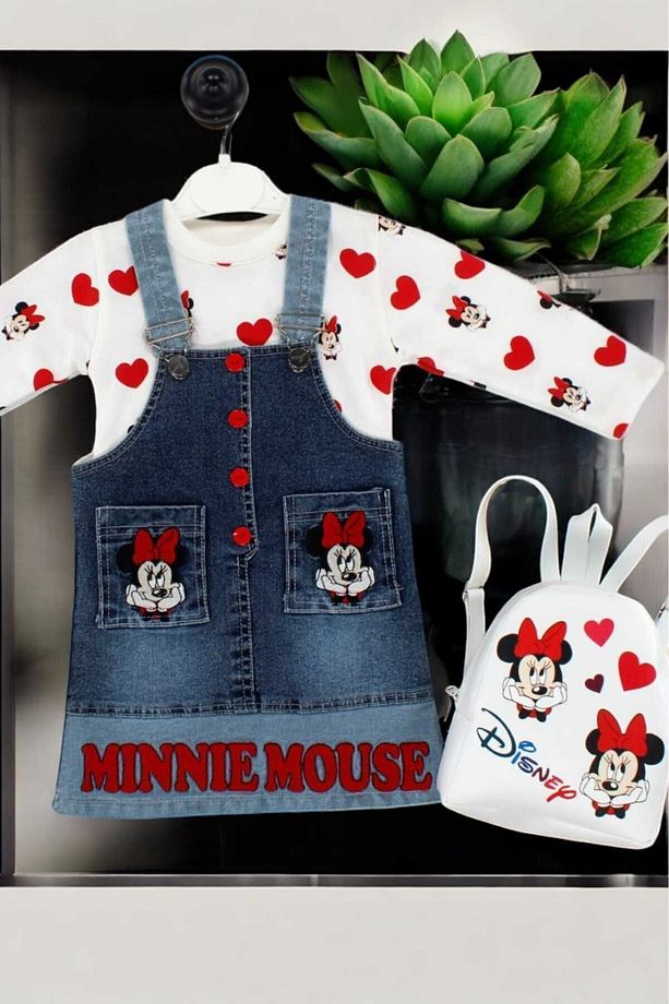 Minnie Desenli Kot Jile Badili Çantalı 3lü Takım 1-5 yaş Kız Çocuk Ayarlanabilir Askılı Uzun Kollu - 1