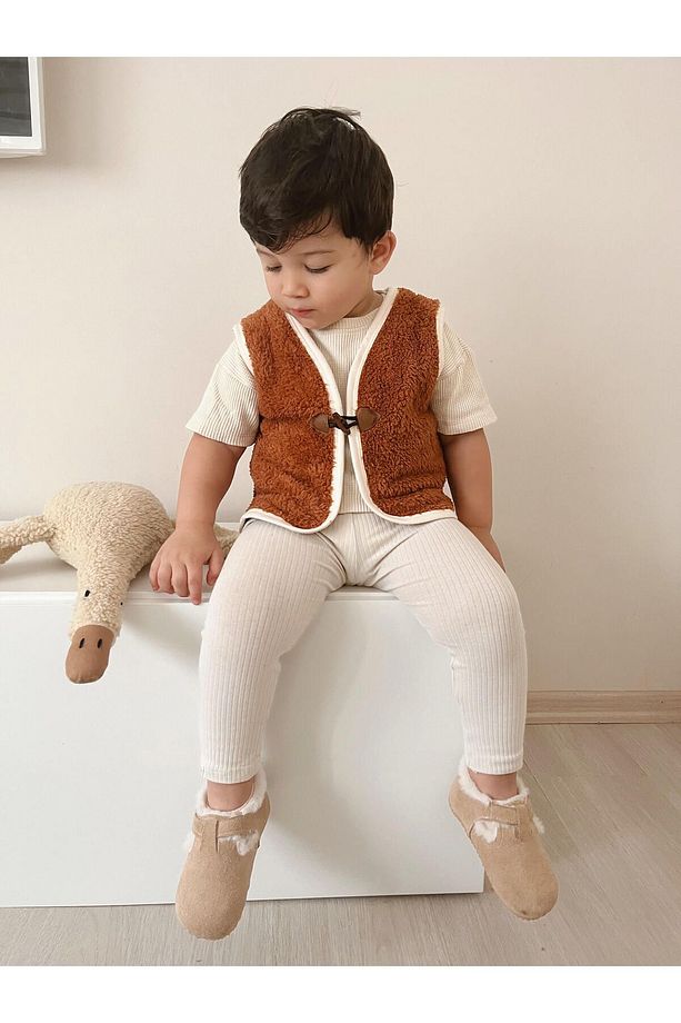 Kız Erkek Bebek ve Çocuk Welsoft Kışlık Peluş Yelek Önden Deri Bağlamalı - 1