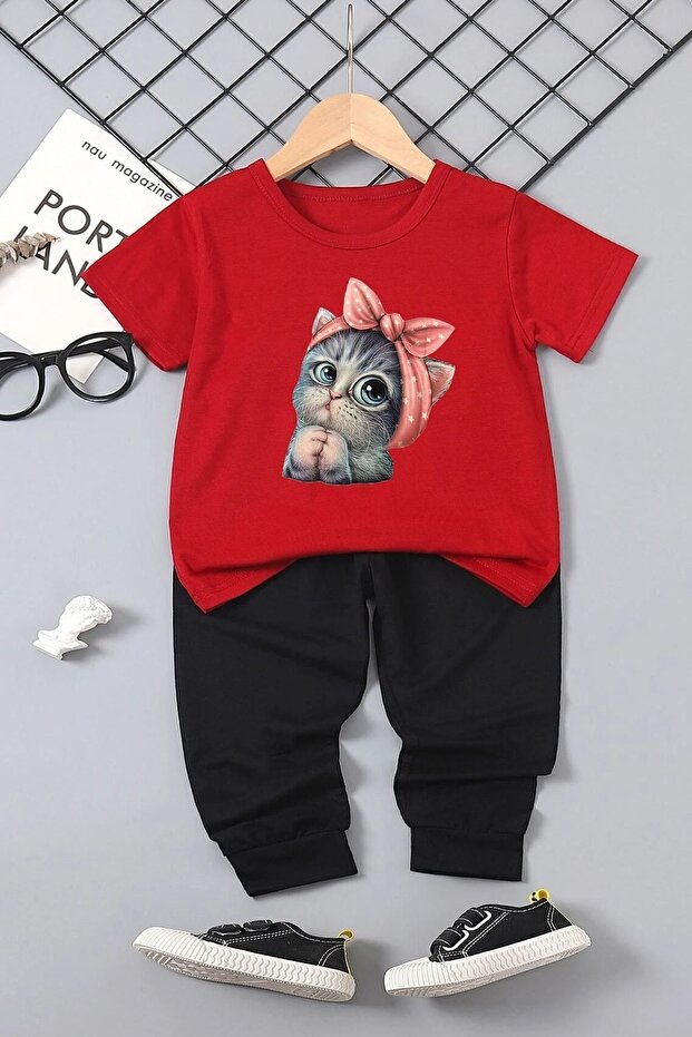 Children's Cute Cat Bottom - Top Tracksuit Set