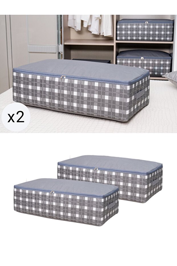 2 Pieces Mega Size Gray Square Pattern Plaid Underbed Storage Bag Set 75X40X20 cm