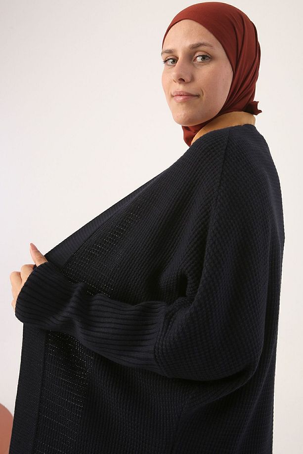 Lacivert Önü Açık T-kol Triko Hırka - 5
