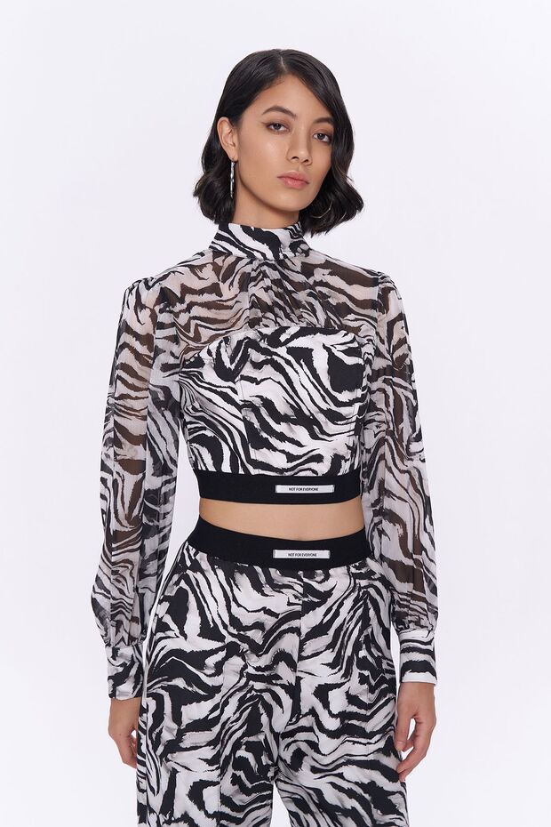 Zebra Patterned Tulle Blouse with Elastic Waist Black