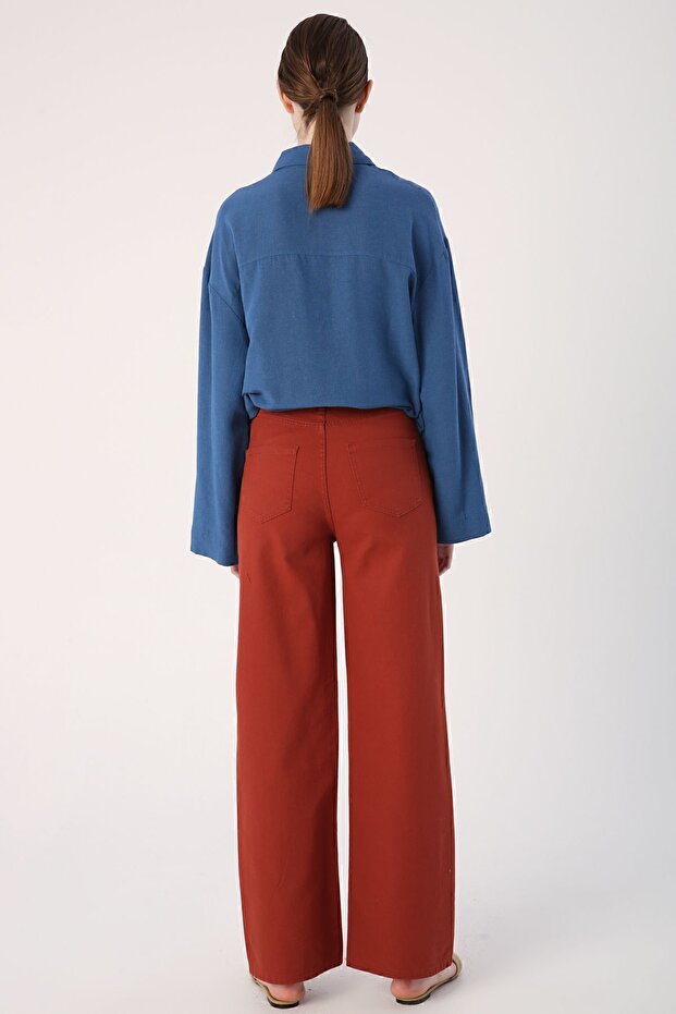 Kalhoty pohodlného střihu s širokými nohavicemi v cihlové 100% bavlně - 4