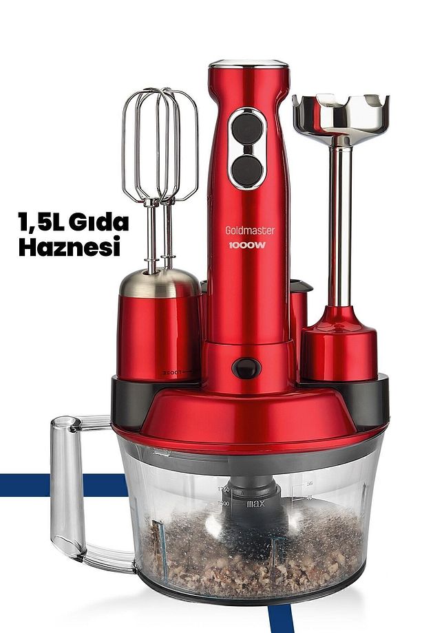 Elenamax Kırmızı 1000 Watt Hız Ayarlı %100 Bakır Motor 5 In 1 Mutfak Robotu Multi Blender Seti - 4