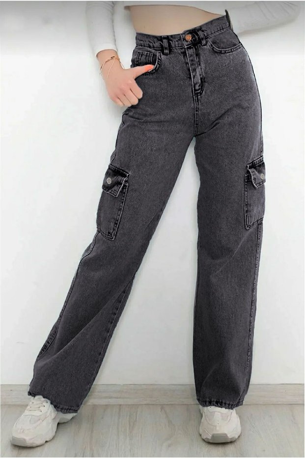 Girl's 100% Cotton High Waist Wide Leg Cargo Jeans