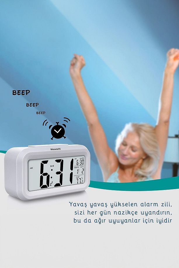 Dijital Işıklı Alarmlı Masa Saati Led Ekran Takvim Pilli Çalar Saat Yeni Tasarım - 8