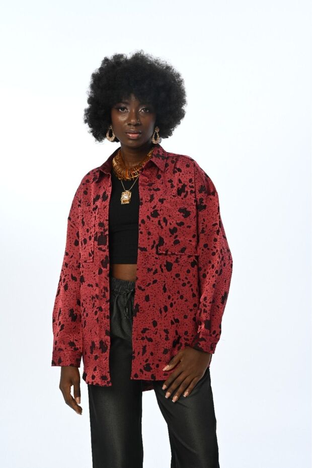Women's Patterned Burgundy-Black Color Double Pocket Shirt