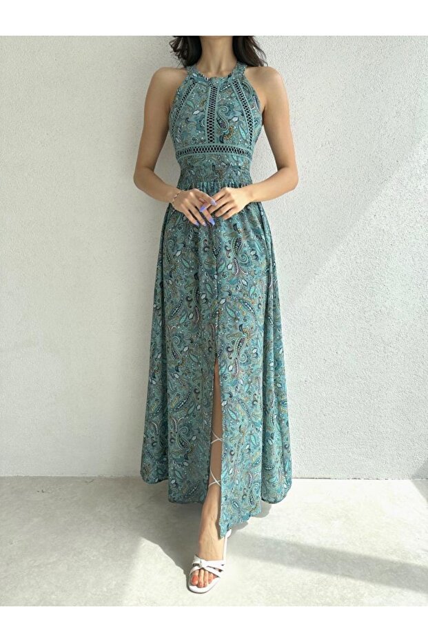 Rochie decoltată cu model șal - 5