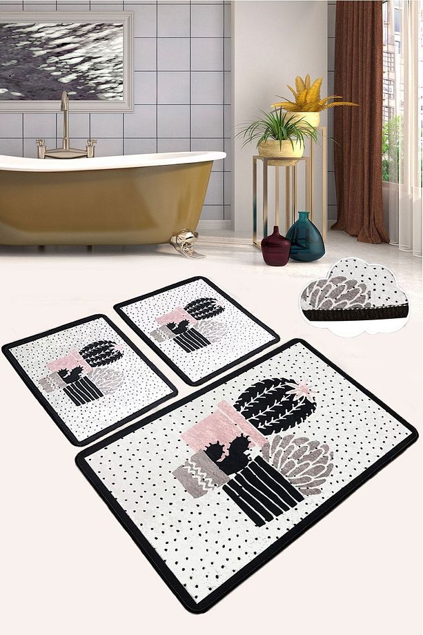 Three Cactus 3'lü Set Banyo Halısı Paspas Kaymaz Taban Yıkanabilir Klozet Takımı Djtbanyo - 1