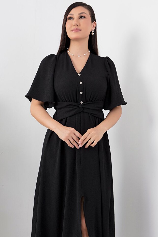 Önü Düğmeli Baplamalı Kemerli Elbise GRS3484 - 2