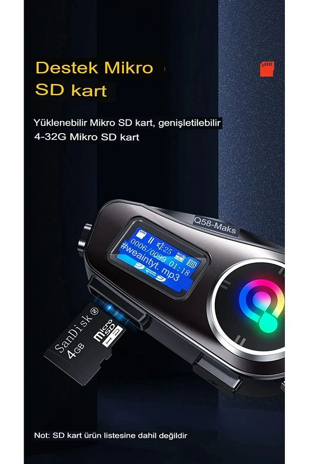 Q58-MAX Radyolu 2 Kişi Bağlantılı Bluetooth Kask Kulaklık Ekranlı Fenerli Müzik ve Telsiz Intercom - 3