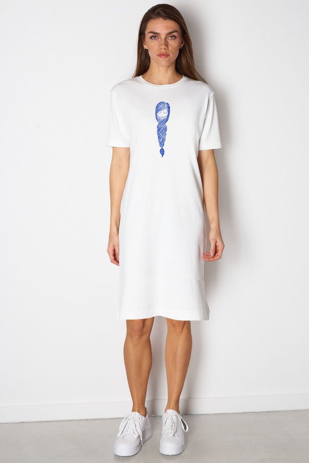 Knitted Hair White Short Sleeve Above Knee Mid Length Combed Cotton Dress