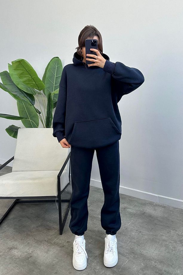 Kadın Oversize Trend  Model Kanguru Cep Kapşonlu Sweatshirt Eşofman Takımı - 3
