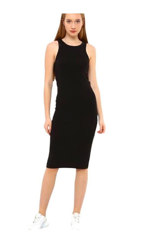 Black Crew Neck Midi Corded Pencil Dress (113CM)