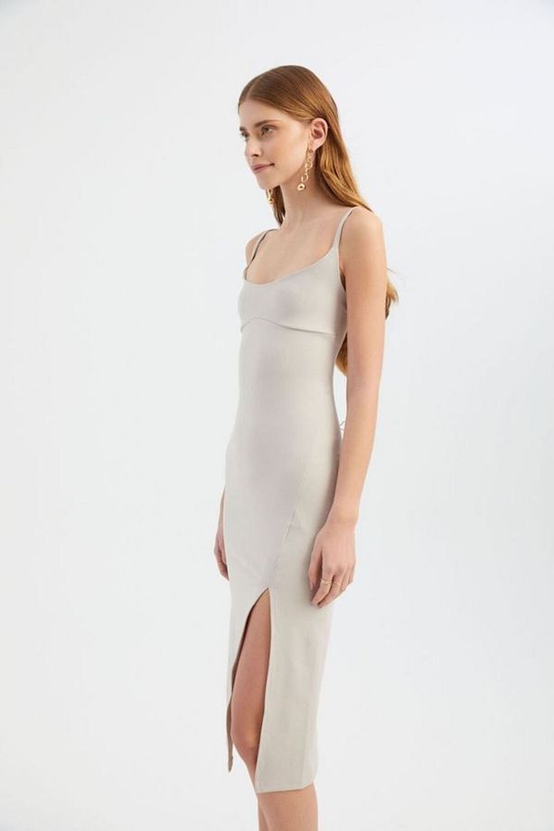 Yandan Yırtmaçlı İp Askılı V Yakalı Midi Bodycon Kıyafet - 4
