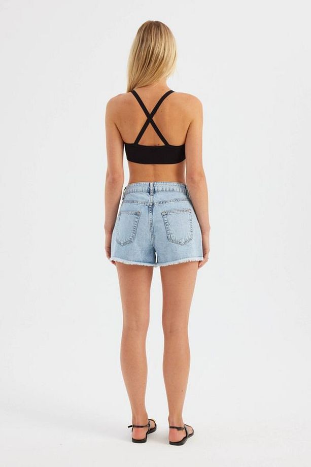 Koyu Renk Yüksek Bel Denim Şort - 4