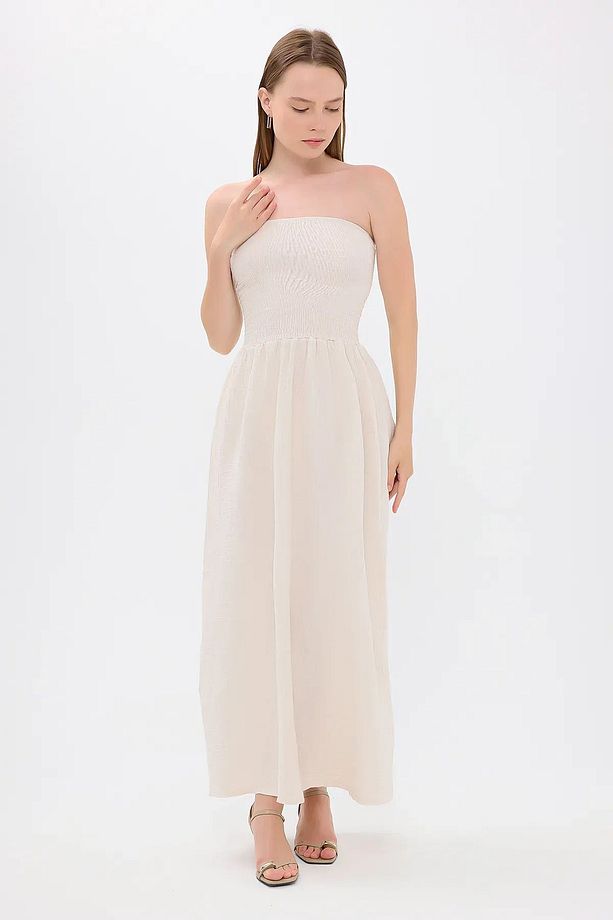 Straplez Lastikli Maxi Elbise - 1