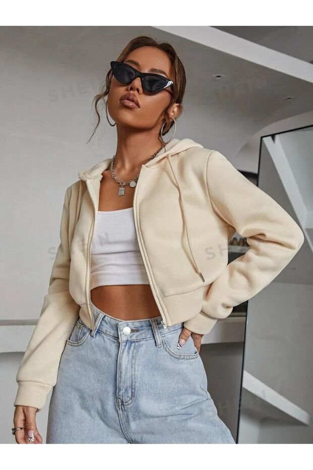 Women's Hooded Zippered Crop Cardigan 3 Thread Rastered