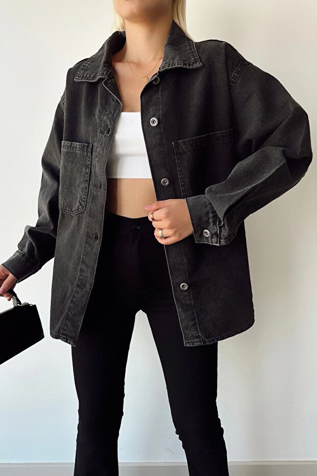 Black Denim Shirt Jacket - Double Pocket and Washable Bcdf-235403