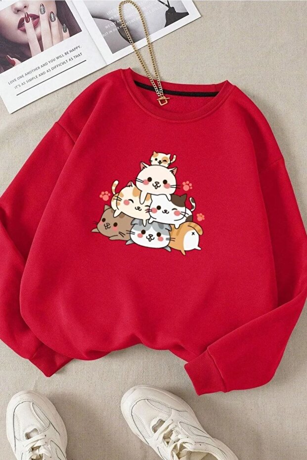 Red Digital Cute Cat Printed Cotton Oversize Sweatshirt - Unisex Crew Neck