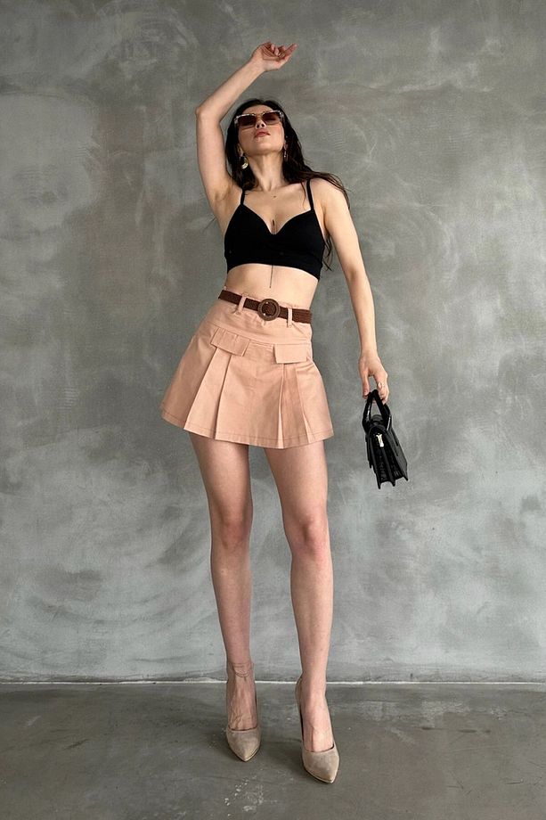 Kadın Camel Kemerli Kapak Detaylı Gabardin Şort Etek Bcdf-247708 - 4