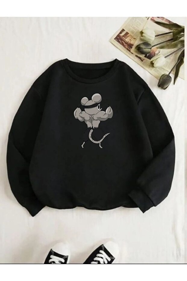 Black Digital Athlete Mouse Printed - Oversize Cotton Sweatshirt, Unisex, Crew Neck