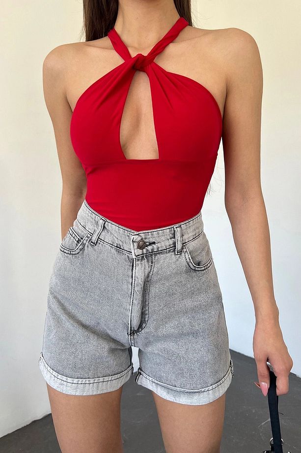Kadın Gri Duble Paça Yıkamalı Denim Şort Bcdf-233307 - 2