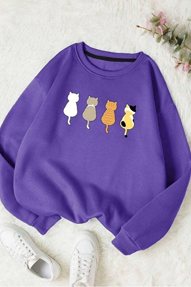 Unisex Purple Angry Cat Printed Oversize Cotton Sweatshirt