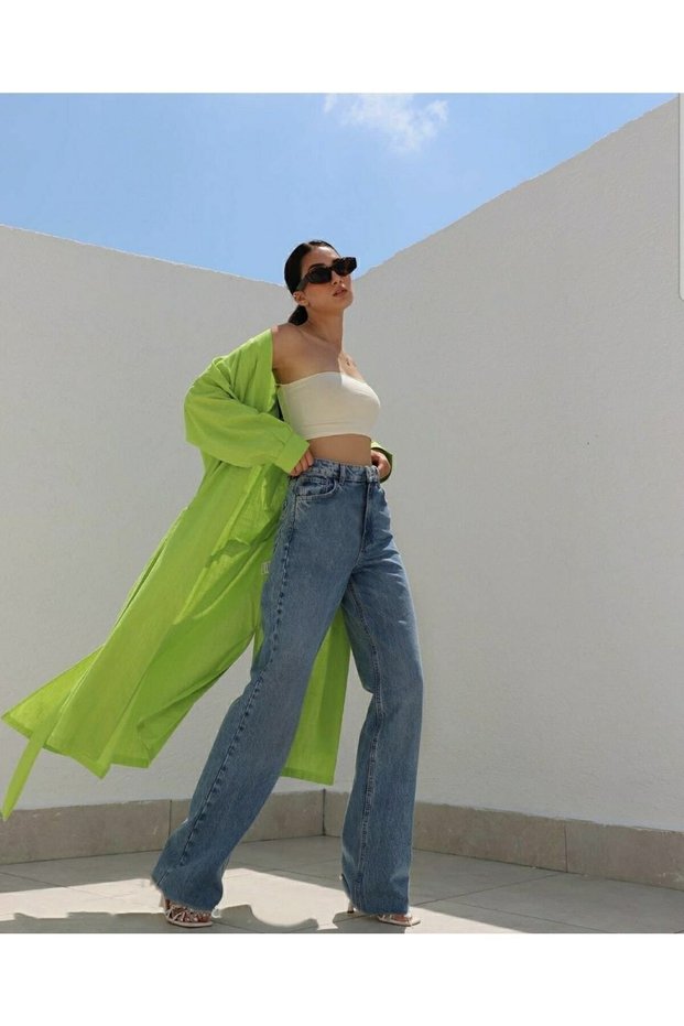 Bodrum Lycra Loose Women's Blue Snow Wash Super High Waist Loose Leg Denim Jeans