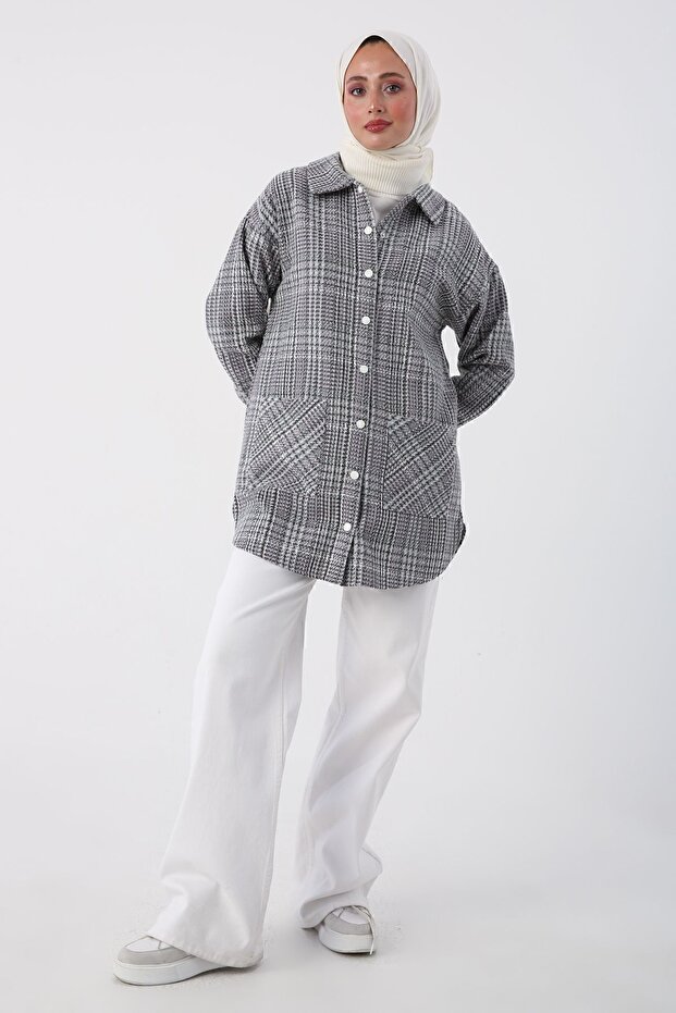 Lilac-Grey Pocketed Lumberjack Shirt Tunic