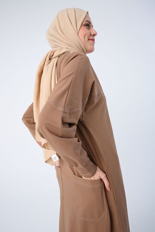 Hnědá bavlněná pletená abaya na zip se zadní kapsou - 5