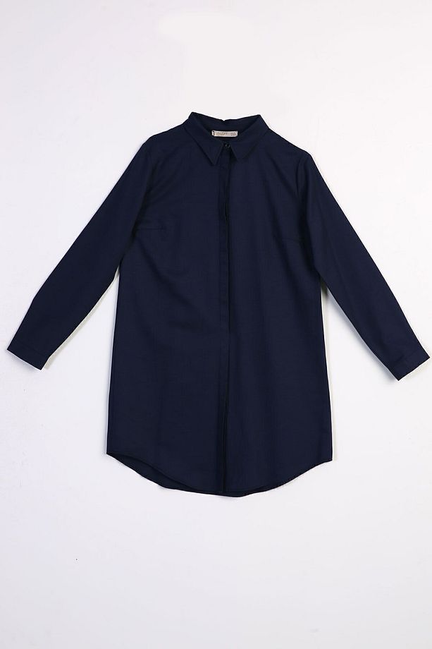 Lacivert Basic Gizli Patlı Gömlek Tunik - 5