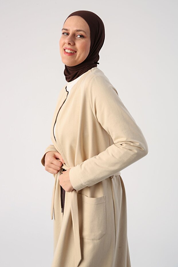 Beige01 Belted Pocket Crew Neck Long Cardigan