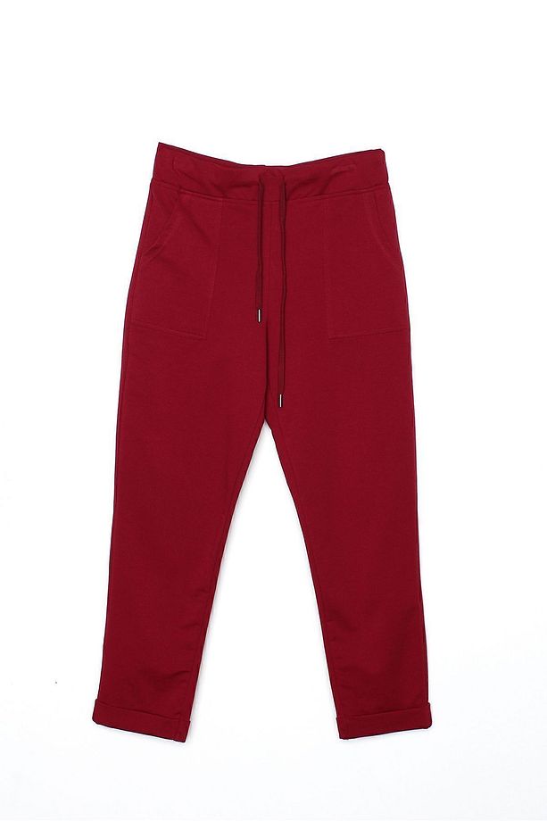 Koyu Bordo Duble Paça Lastikli Rahat Örme Pantolon - 4