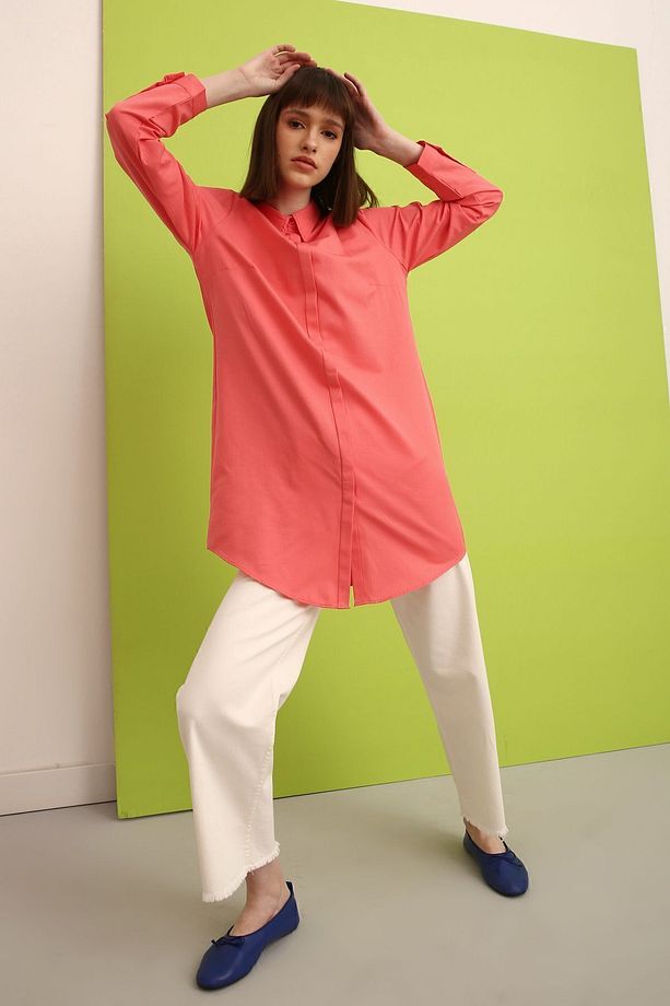 Pembe Basic Gizli Patlı Gömlek Tunik - 1