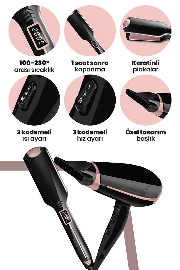 Proset Profesyonel Kuaför Fön Makinesi ve Keratin Seramik Plaka Düzleştirici Saç Şekillendirme Seti - 2
