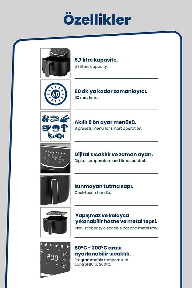 Blackfry 1700 Watt Dijital Dokunmatik 8 Ön Programlı 5.7 Litre Yağsız Kızartma Sıcak Hava Fritöz - 7
