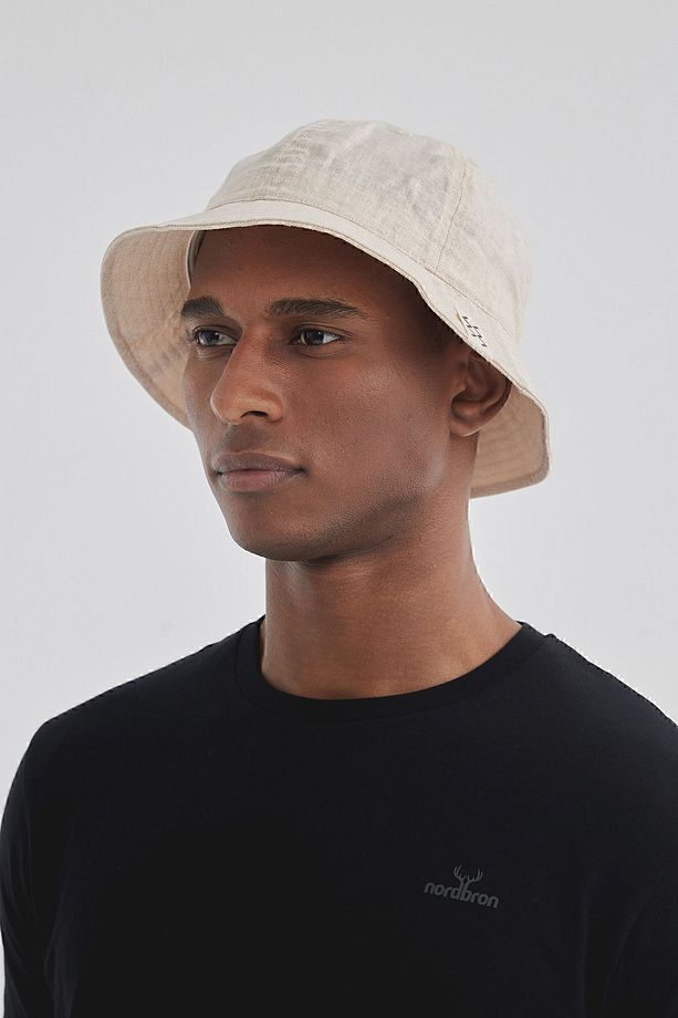 Unisex Bej Keten Logolu Nakışlı Detaylı Basic Kova Bucket Şapka Pamuklu İç Astarlı Cool Nolasco - 5