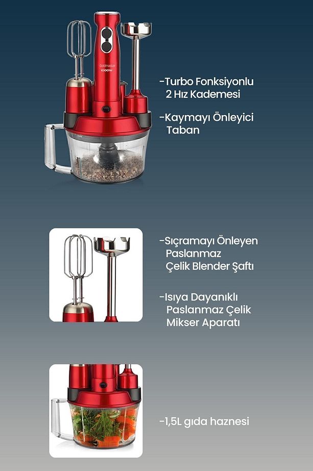 Elenamax Kırmızı 1000 Watt Hız Ayarlı %100 Bakır Motor 5 In 1 Mutfak Robotu Multi Blender Seti - 3