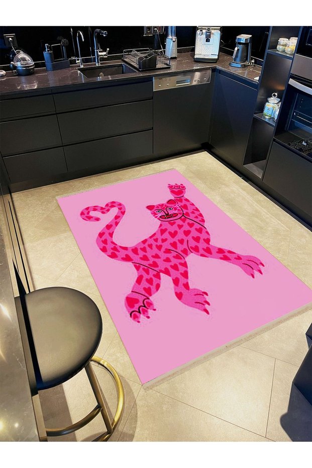 Alya Collection Pink Heart Detailed Leopard Patterned Woven Base Modern Decorative Carpet Alya10