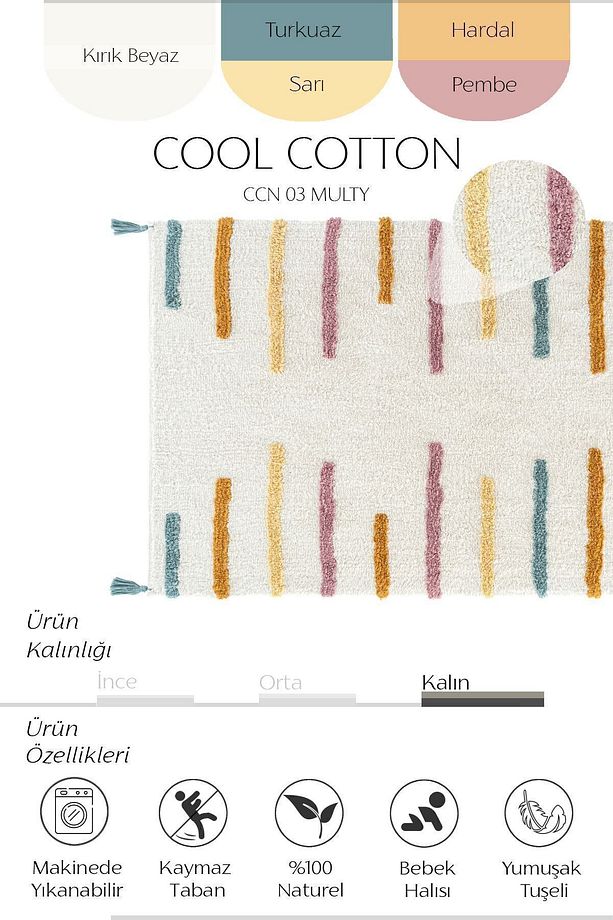 Cool Cotton Ccn 03 Multy Xw Makinede Yıkanabilir Kaymaz Tabanlı Naturel Pamuk Dokuma Bebek Halısı - 4