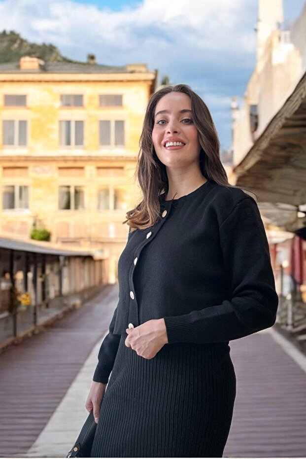 Ceketli Elbiseli Triko Takım - Siyah - 5