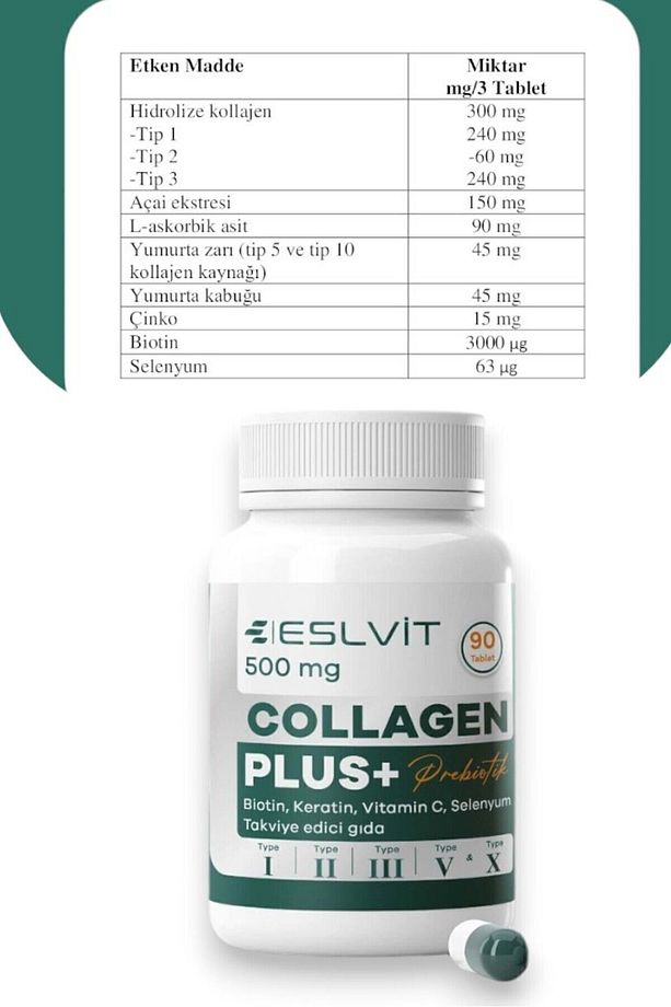 5 Tip Hidrolize Kolajen Tip 1, Tip 2, Tip 3, Tip 5 ,tip 10 (C Vitamin , Çinko , Selenyum) 90 tablet - 5