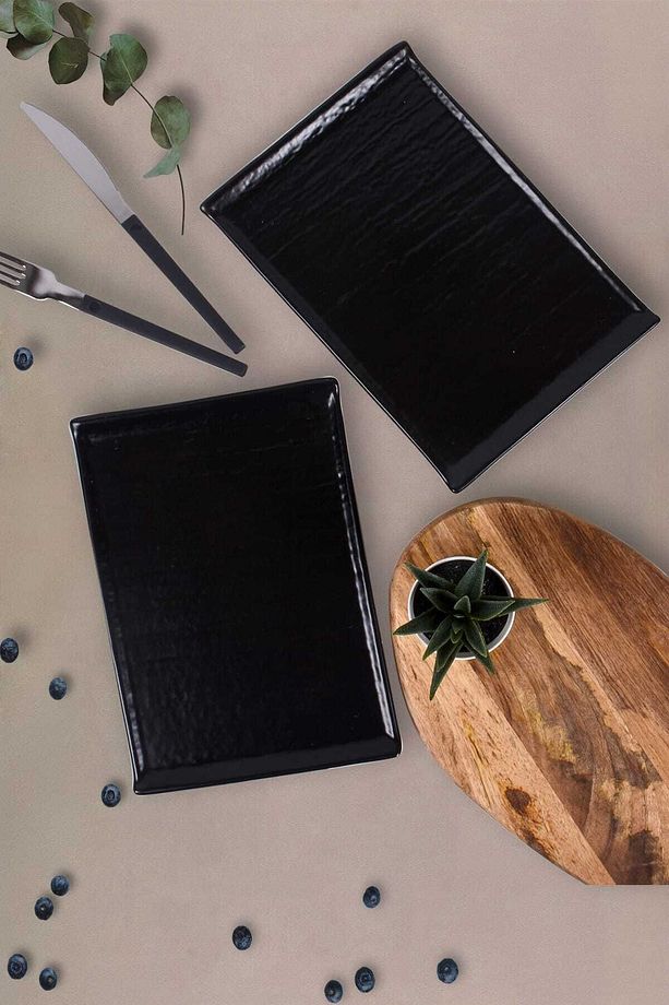 Mat Siyah Doğaltaş Kayık Tabak 24 Cm 2 Adet - 1