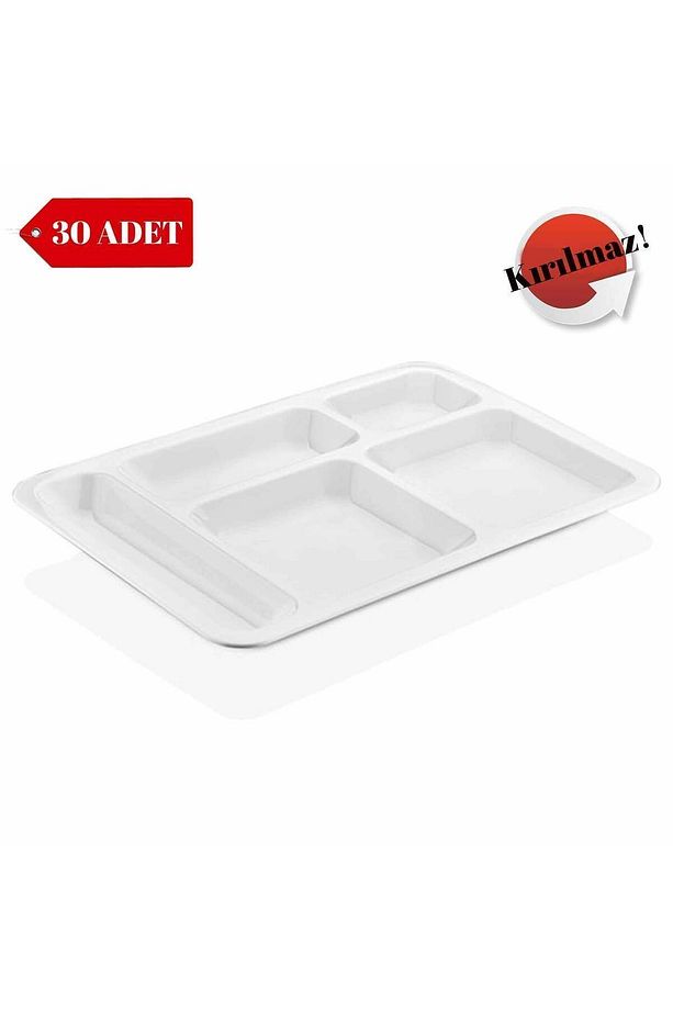 30 Adet Kırılmaz Tabldot Tabak, Self Servis, Yemekhane, Okul, 5 Bölmeli, Tabilot, Tabildot, Lokanta - 1