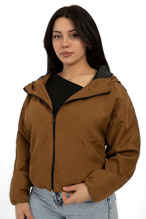 Women's Tan Hooded Waterproof and Windproof Oversize Raincoat with Pockets